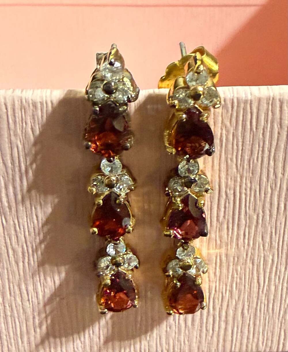 CL 925 Gold Over Sterling Silver Garnet and White Topaz Triple Flower Drop Earri